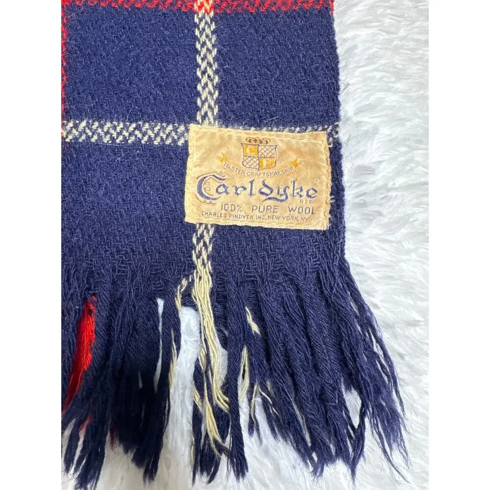 1960s CarlDyke Tartan Wool Stadium Blanket Red Navy Plaid Fringe 51x38